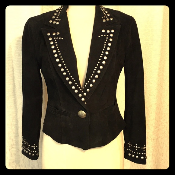 Vintage Jackets & Blazers - Vintage Silver Studded Black Suede fitted jacket.